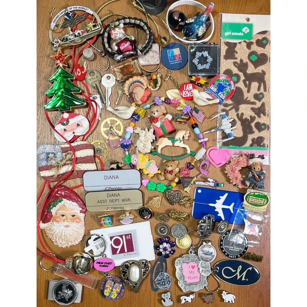 Junk Drawer Lot VTG - Now Collectibles Nic Nacs Pins Holiday Repurpose Craft Mix